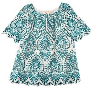 Chico's Top Size 1 Teal & White Paisley Inspired Embroidered Eyelet Boho Style